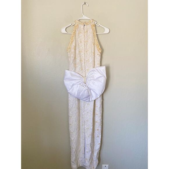 Vintage 90s Pearl Beaded Wedding Gown Size 12 Back Bow Old Money Bridal Dress - Picture 5 of 9